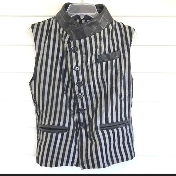 Hilary's Vanity Black Silver Striped Gothic Emo Vampire Metallic Leather Vest S - Picture 1 of 8